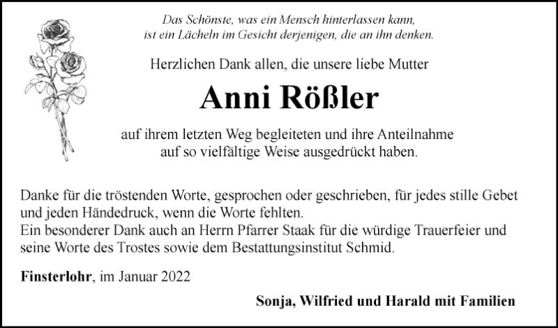  Traueranzeige für Anni Rößler vom 22.01.2022 aus Fränkische Nachrichten