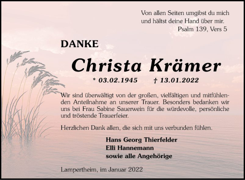  Traueranzeige für Christa Krämer vom 29.01.2022 aus Südhessen Morgen