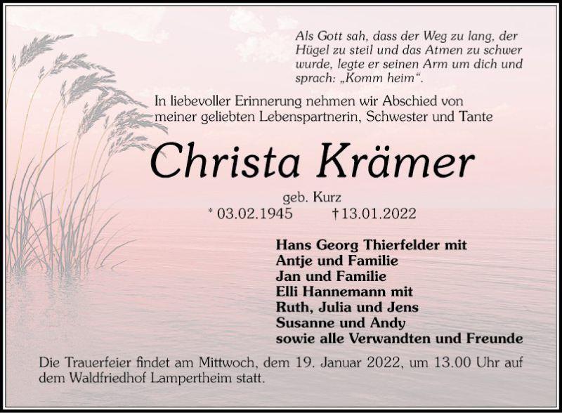  Traueranzeige für Christa Krämer vom 15.01.2022 aus Südhessen Morgen