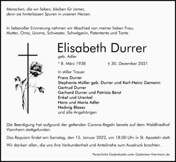 Traueranzeige von Elisabeth Durrer von Südhessen Morgen