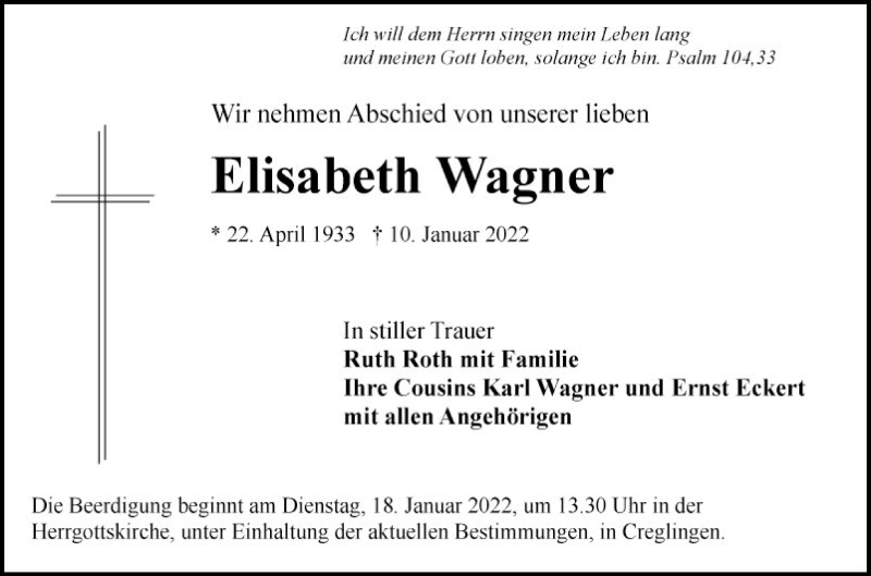  Traueranzeige für Elisabeth Wagner vom 15.01.2022 aus Fränkische Nachrichten