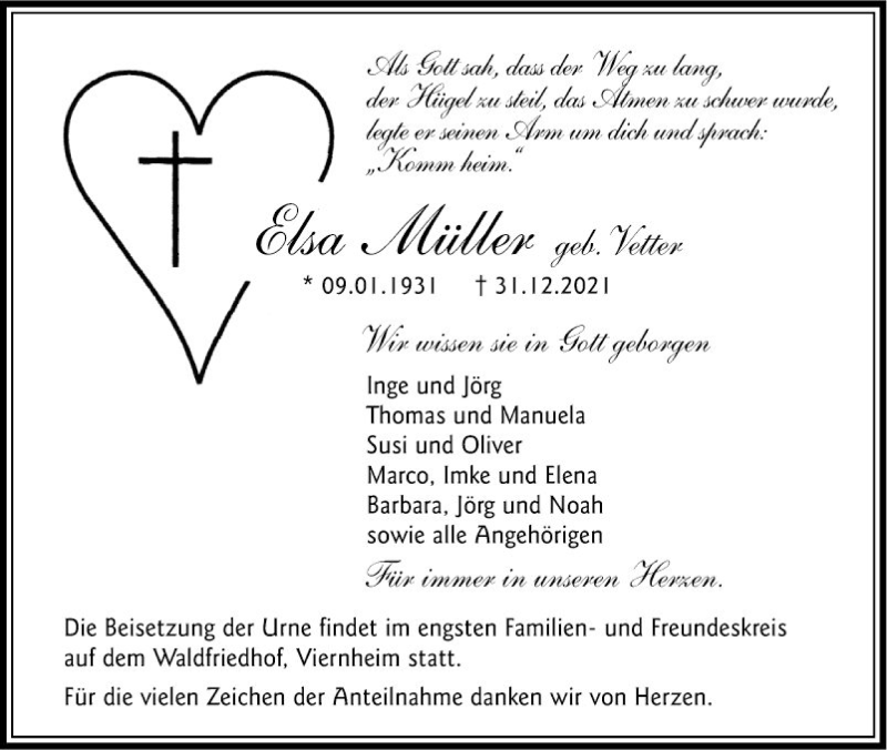  Traueranzeige für Elsa Müller vom 08.01.2022 aus Südhessen Morgen