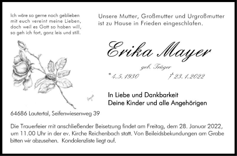  Traueranzeige für Erika Mayer vom 26.01.2022 aus Bergsträßer Anzeiger
