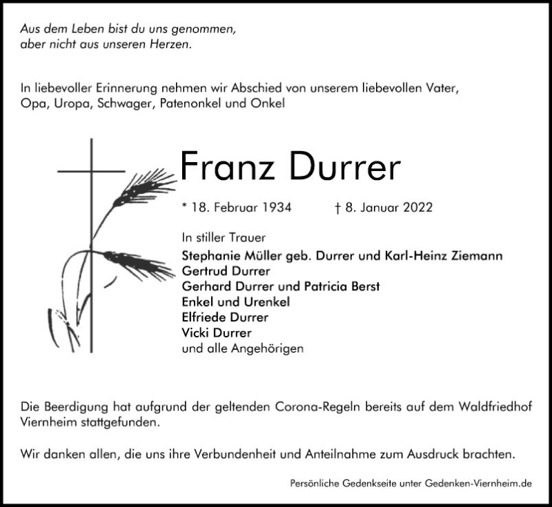  Traueranzeige für Franz Durrer vom 22.01.2022 aus Südhessen Morgen