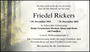 Traueranzeige von Friedel Rickers von Bergsträßer Anzeiger