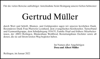 Traueranzeige von Gertrud Müller von Schwetzinger Zeitung