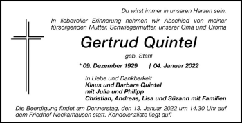 Traueranzeige von Gertrud Quintel von Mannheimer Morgen