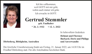 Traueranzeige von Gertrud Stemmler von Fränkische Nachrichten