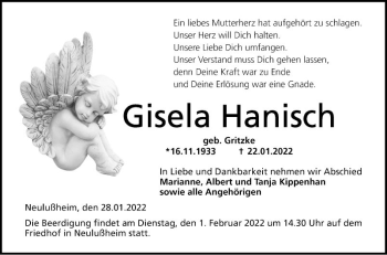 Traueranzeige von Gisela Hanisch von Schwetzinger Zeitung