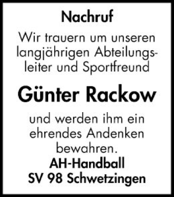 Traueranzeige von Günter Rackow von Schwetzinger Zeitung