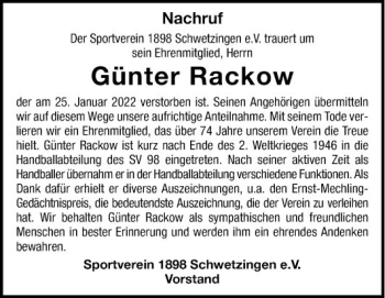 Traueranzeige von Günter Rackow von Schwetzinger Zeitung