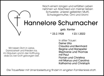 Traueranzeige von Hannelore Schumacher von Schwetzinger Zeitung