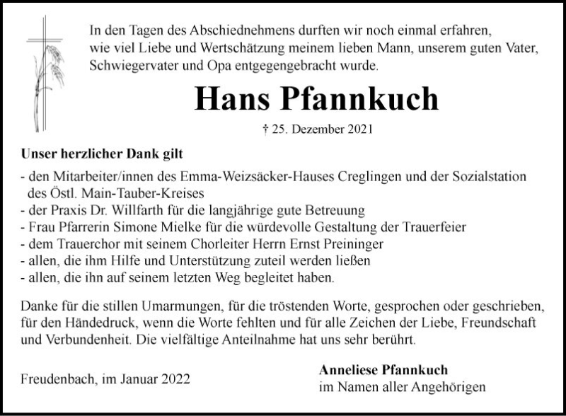  Traueranzeige für Hans Pfannkuch vom 22.01.2022 aus Fränkische Nachrichten