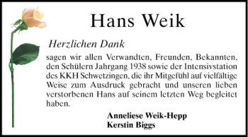Traueranzeige von Hans Weik von Schwetzinger Zeitung