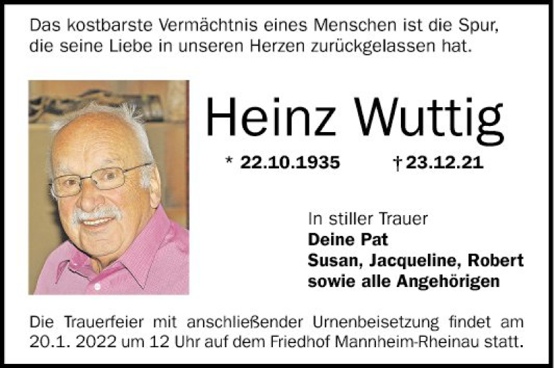  Traueranzeige für Heinz Wuttig vom 15.01.2022 aus Mannheimer Morgen