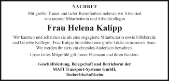 Traueranzeige von Helena Kalipp von Fränkische Nachrichten