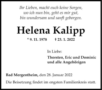 Traueranzeige von Helena Kalipp von Fränkische Nachrichten