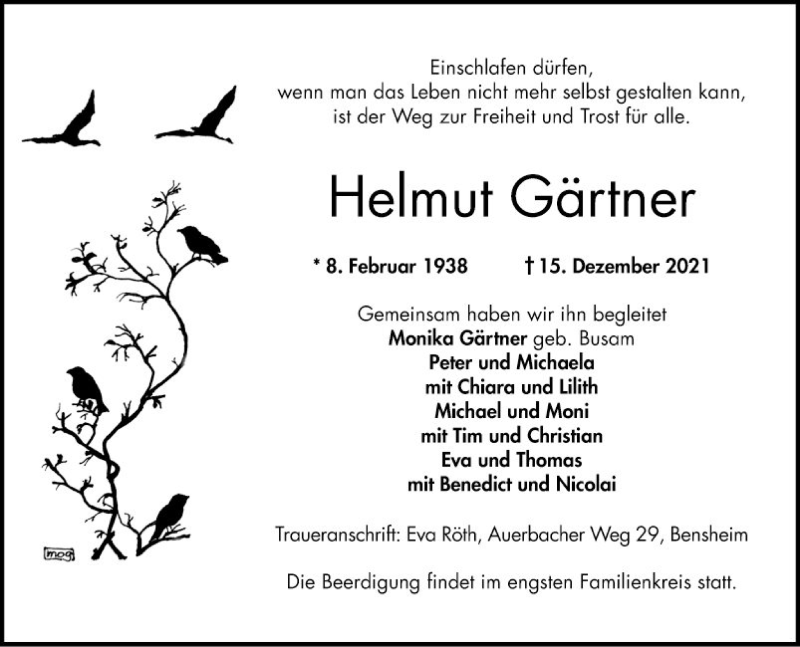  Traueranzeige für Helmut Gärtner vom 08.01.2022 aus Bergsträßer Anzeiger