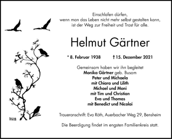 Traueranzeige von Helmut Gärtner von Bergsträßer Anzeiger