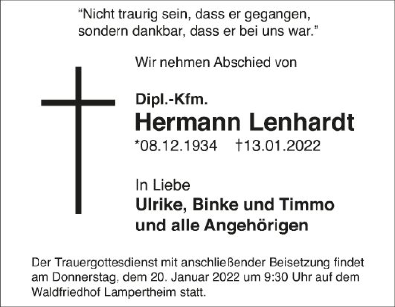 Traueranzeige für Hermann Lenhardt vom 18.01.2022 aus Südhessen Morgen