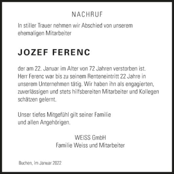 Traueranzeige von Jozef Ferenc von Fränkische Nachrichten