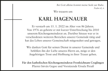 Traueranzeige von Karl Hagenauer von Fränkische Nachrichten