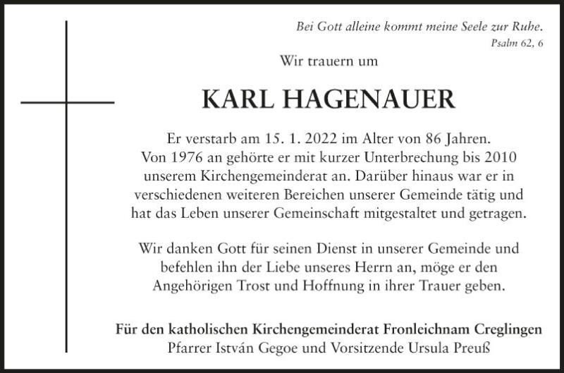  Traueranzeige für Karl Hagenauer vom 22.01.2022 aus Fränkische Nachrichten