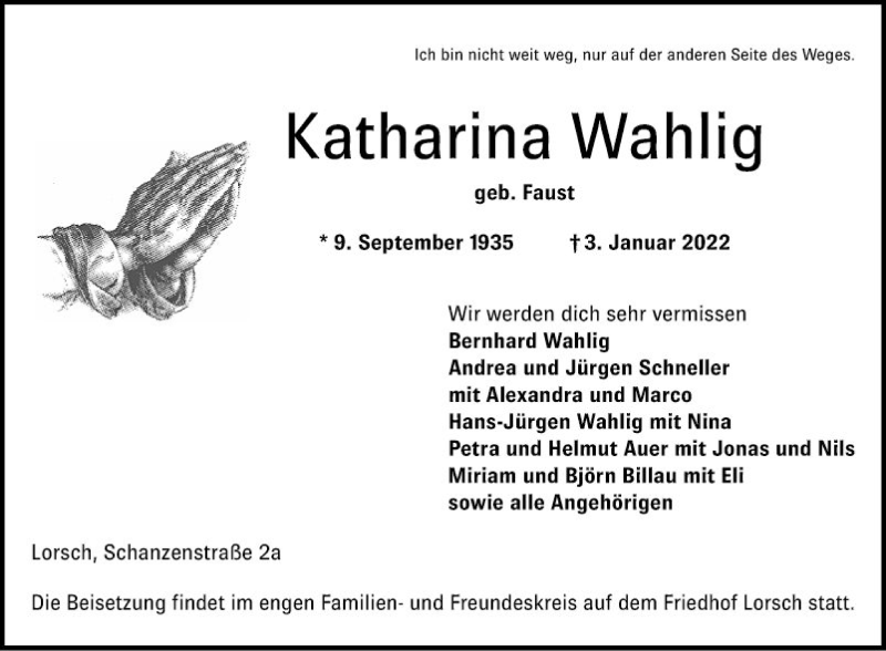 Traueranzeige für Katharina Wahlig vom 05.01.2022 aus Bergsträßer Anzeiger
