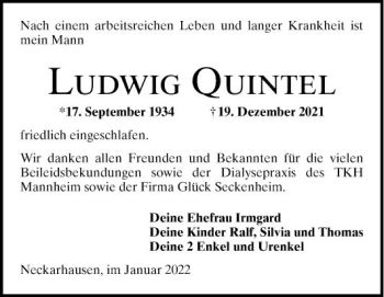 Traueranzeige von Ludwig Quintel von Mannheimer Morgen