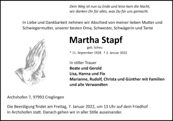 Traueranzeige von Martha Stapf von Fränkische Nachrichten