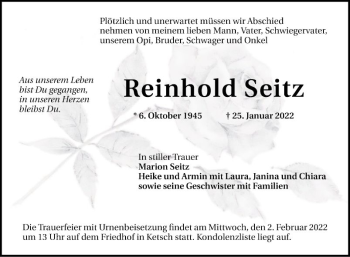 Traueranzeige von Reinhold Seitz von Schwetzinger Zeitung