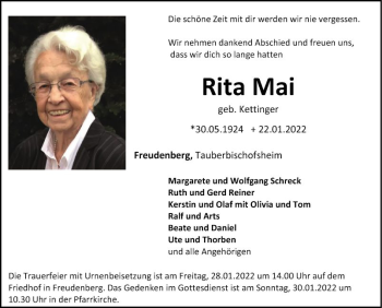 Traueranzeige von Rita Mai von Fränkische Nachrichten