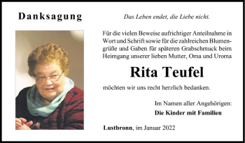 Traueranzeige von Rita Teufel von Fränkische Nachrichten