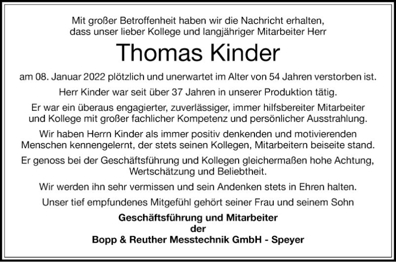  Traueranzeige für Thomas Kinder vom 15.01.2022 aus Mannheimer Morgen