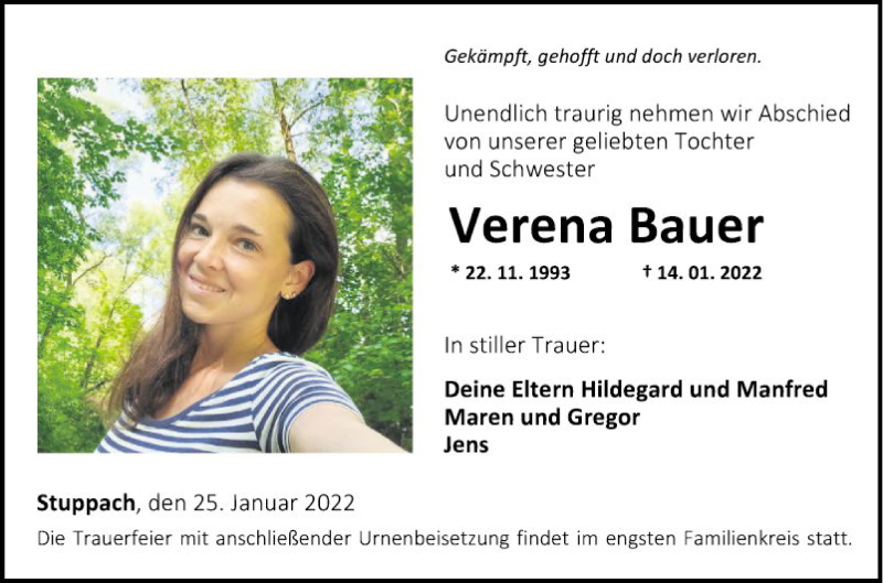  Traueranzeige für Verena Bauer vom 25.01.2022 aus Fränkische Nachrichten