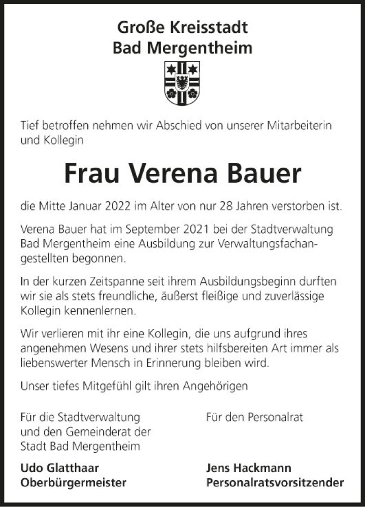  Traueranzeige für Verena Bauer vom 25.01.2022 aus Fränkische Nachrichten