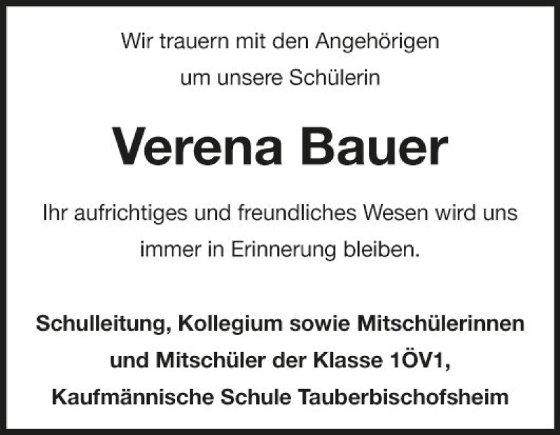  Traueranzeige für Verena Bauer vom 25.01.2022 aus Fränkische Nachrichten