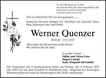 Traueranzeige von Werner Quenzer von Schwetzinger Zeitung