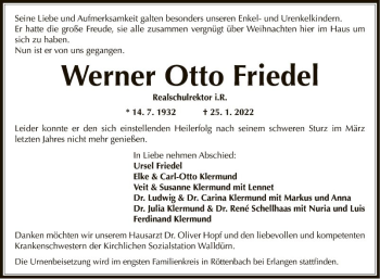 Traueranzeige von Werner Otto Friedel von Fränkische Nachrichten