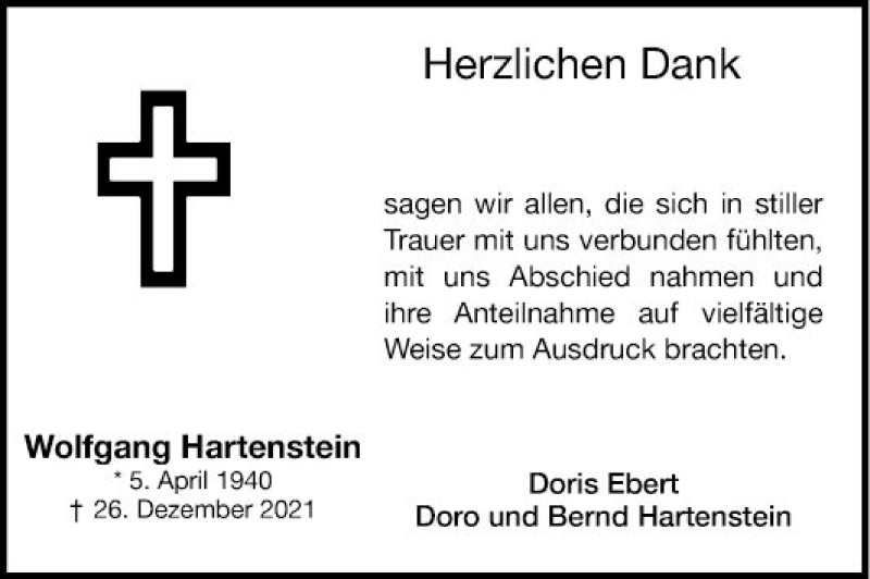  Traueranzeige für Wolfgang Hartenstein vom 22.01.2022 aus Südhessen Morgen