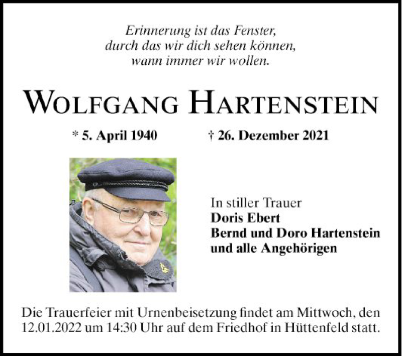  Traueranzeige für Wolfgang Hartenstein vom 08.01.2022 aus Südhessen Morgen