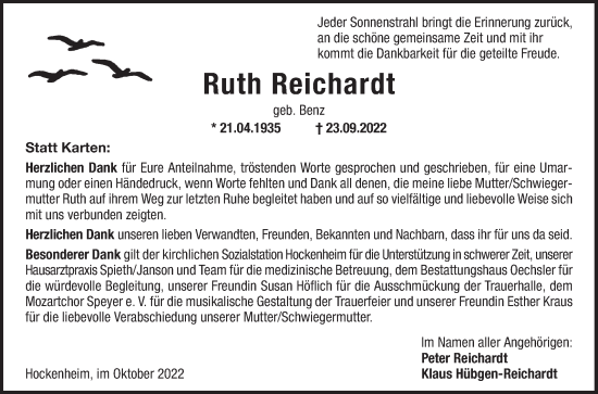 Traueranzeige von Ruth Reichardt von Schwetzinger Zeitung