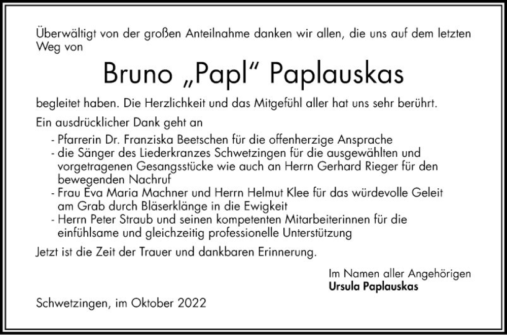  Traueranzeige für Bruno Paplauskas vom 15.10.2022 aus Schwetzinger Zeitung