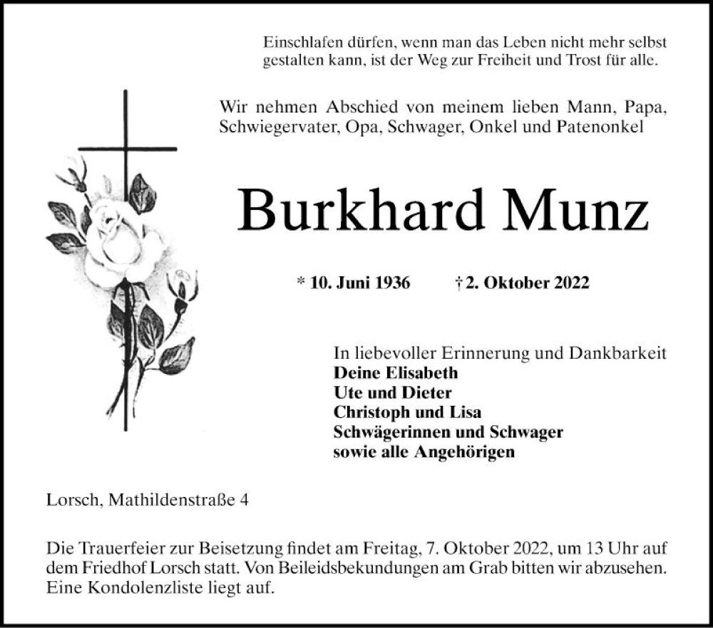  Traueranzeige für Burkhard Munz vom 05.10.2022 aus Bergsträßer Anzeiger
