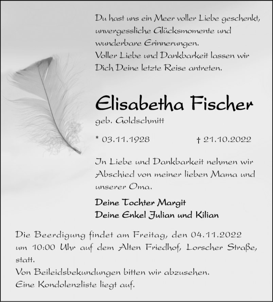  Traueranzeige für Elisabeth Fischer vom 29.10.2022 aus Mannheimer Morgen