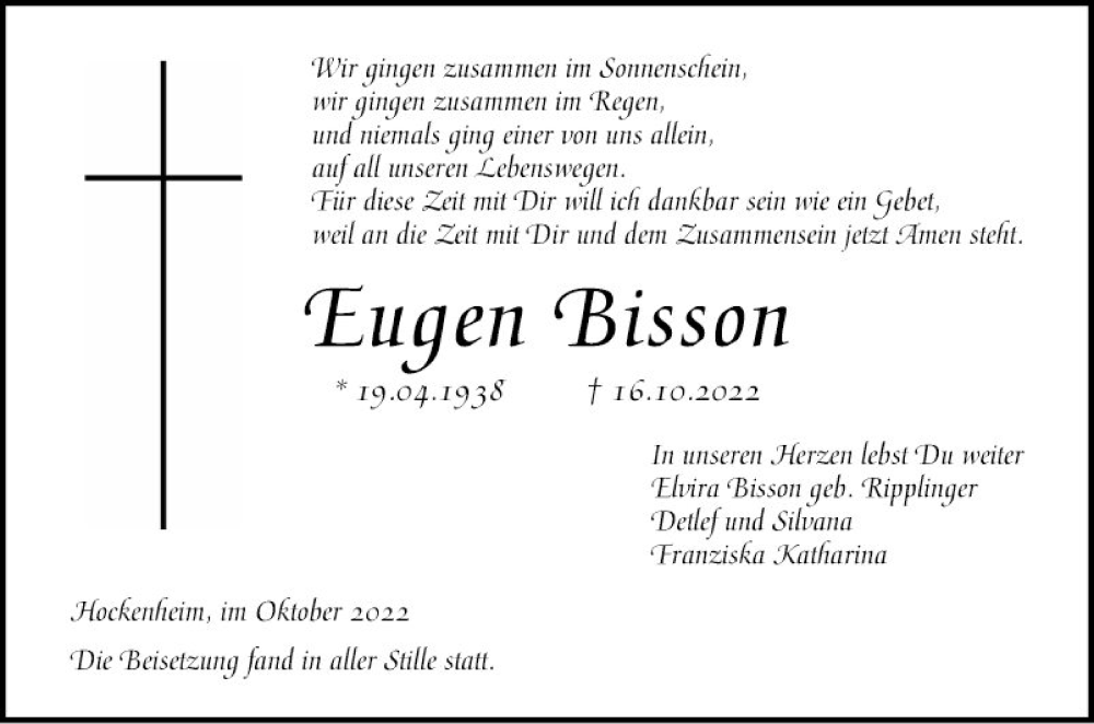  Traueranzeige für Eugen Bisson vom 29.10.2022 aus Schwetzinger Zeitung