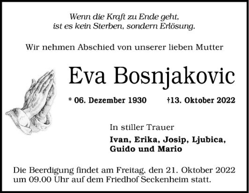  Traueranzeige für Eva Bosnjakovic vom 18.10.2022 aus Mannheimer Morgen
