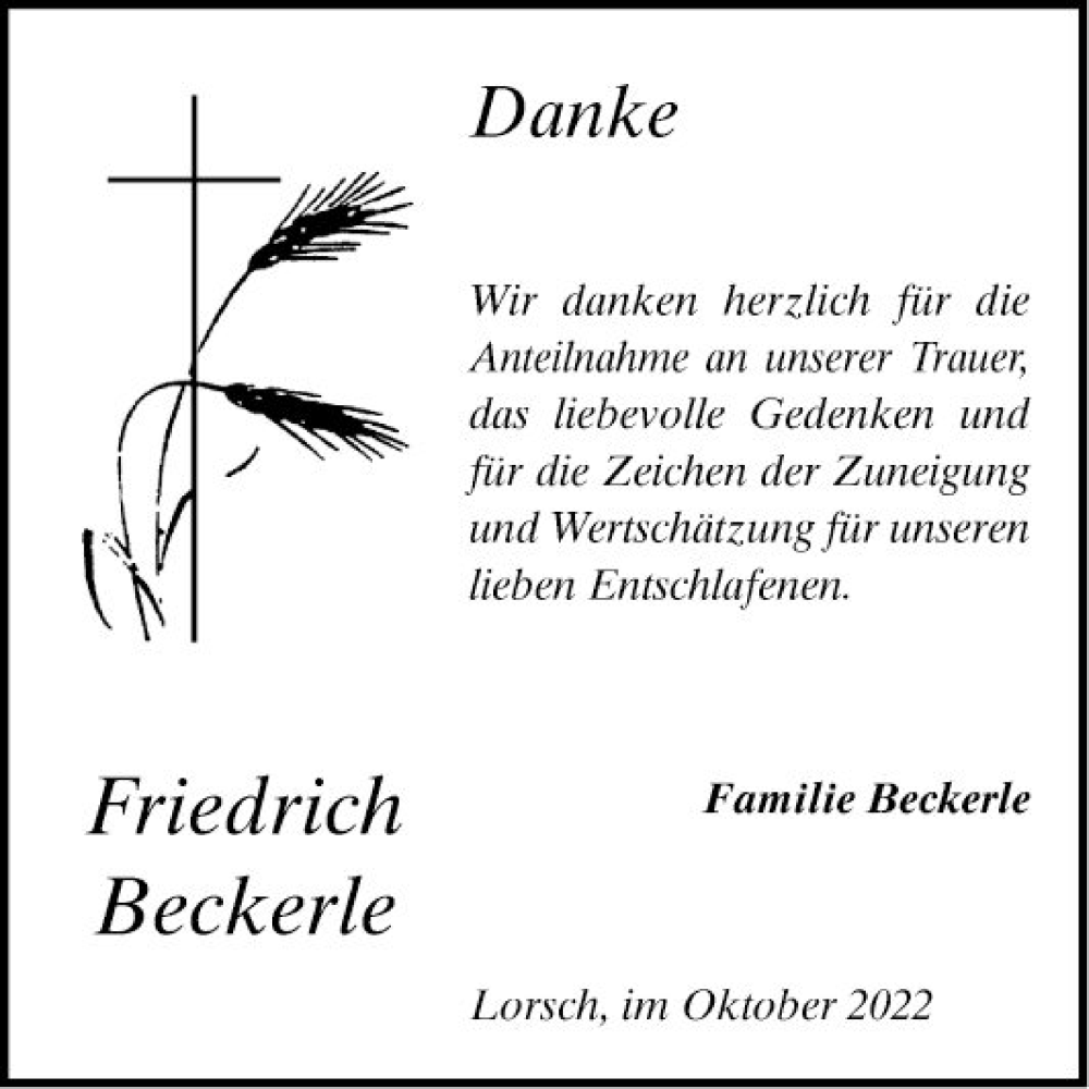  Traueranzeige für Friedrich Beckerle vom 08.10.2022 aus Bergsträßer Anzeiger