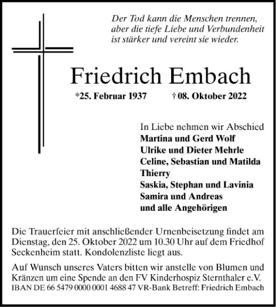 Traueranzeige von Friedrich Embach von Mannheimer Morgen