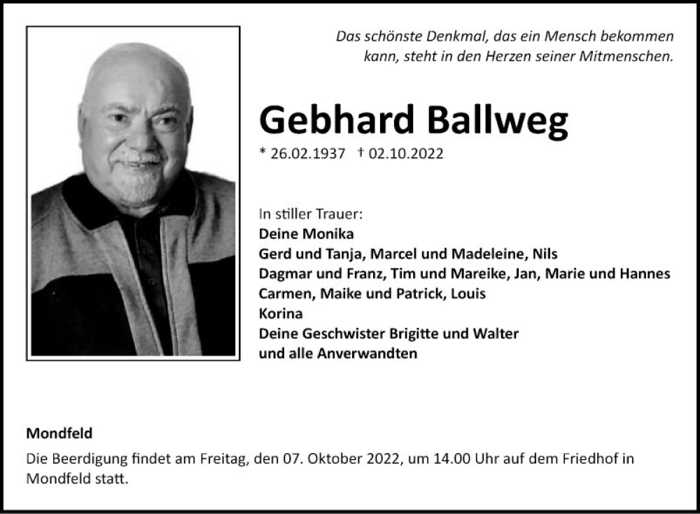  Traueranzeige für Gebhard Ballweg vom 05.10.2022 aus Fränkische Nachrichten